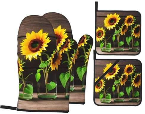 Guanti da forno con stampa in legno con tre girasoli, guanti da forno personalizzati e presine, regali per cucina