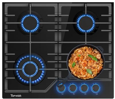TOPWISH Piano cottura a gas da 60 cm, 4 punti luce, piano cottura a gas con manopola illuminata blu, piano cottura in vetro temperato, NG/LPG convertibile, protezione automatica della termocoppia