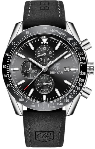 BENYAR Uhren Herren Chronograph Analog Quarz Armbanduhr Herren Wasserdicht Leuchtende Datum Lederarmband Herrenuhr Mode Lässig Sport Business-Kleid Uhren Elegantes Geschenk fur Männer
