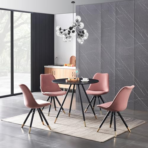 P&N Homewares Sofia Dorchester LUX Round Dining Table Set – Marble Effect Top, 4 Velvet Chairs – Scandinavian Style, Black Metal Legs with Gold Tips – Kitchen Dining Room Furniture