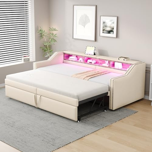 Merax Ausziehbares Schlafsofa 90/180x200 cm, Multifunktionale Staufächer, LED-Licht & USB-Buchse, mit Lattenrost, Beige (ohne Matratze)