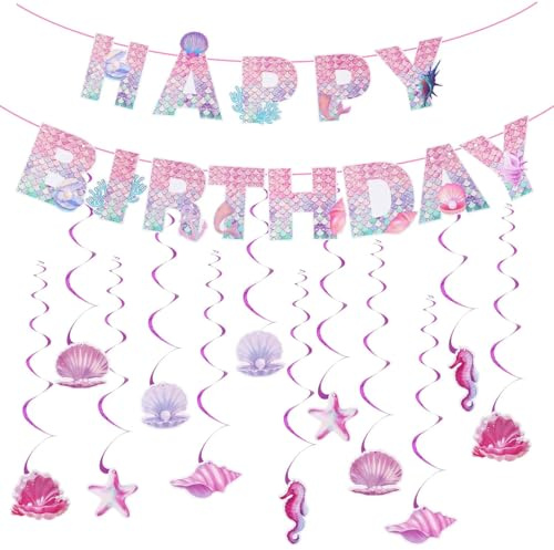 Meerjungfrau Geburtstag Deko Set, Geburtstagsdeko Kindergeburtstag Deko Banner und Girlande Geburtstag Mädchen, Mermaid Happy Birthday Girlande, Meerjungfrau Party Zubehör für Unterwasserwelt Party