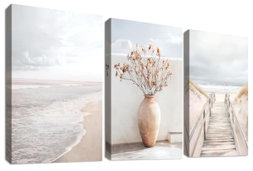 3Pcs Pfad zum Meer Strand Leinwand Bilder Set Mit Rahmen Beige Meereslandschaft Bild auf Leinwand Malerei Ozean Küstenlandschaft Wandbilder Wohnzimmer Schlafzimmer Badezimmer Wanddeko 50x70cm x3pcs
