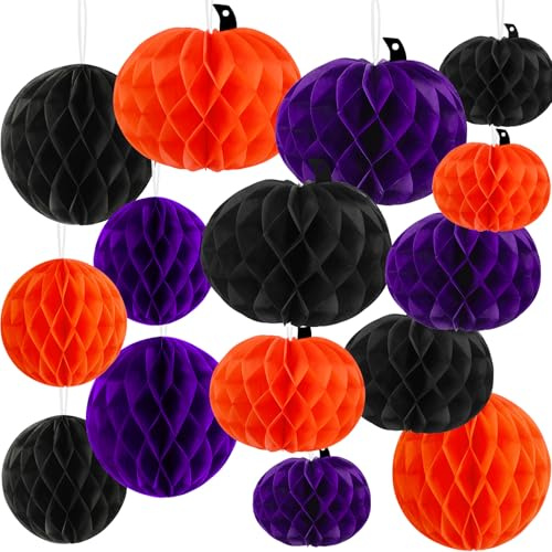 BOARDFEB Halloween Deko, 15 Stück Halloween Kürbis Anhänger Deko Orange Violett Schwarze Kürbis Papier Wabenbälle Honeycomb für Party