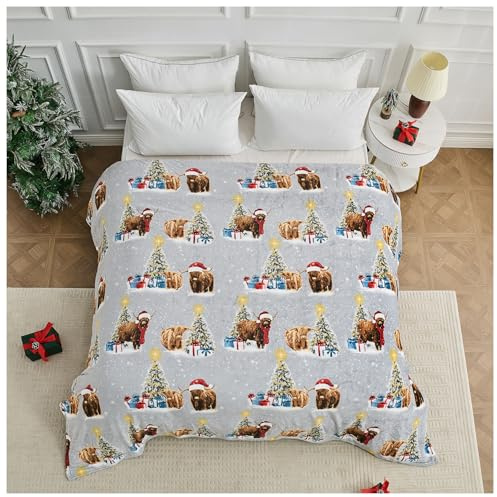 GC GAVENO CAVAILIA Xmas Highland Cow Print Blanket Throws - Cute Rustic Farm Animal Cow Soft Cozy Fleece Plush Warm Flannel Bedding Blanket For Girls Kids Adults Couch Travel 170 Cm x 230 Cm