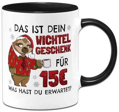 Faultier Tasse: Das ist Dein Wichtelgeschenk für 15 Euro - Kaffeetasse lustig mit Spruch zum Wichteln als Geschenk für Kollegen, Kollegin - Männer & Frauen Unisex (Schwarz)