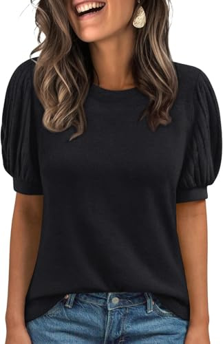 TrendiMax Women's Tops Crew Neck Short Sleeve T Shirts Loose Fitted Summer Puff Tunic Dressy Blouse Outfit for Women