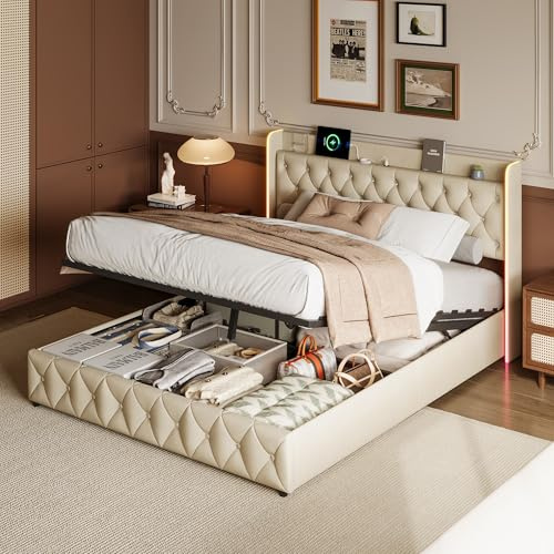 JYNVO Bett 140x200cm mit Stauraum, LED-Beleuchtung & USB-Ladeanschlus, Hydraulisch Stauraumbett, Polsterbett, Gepolstert Kopfteil, Lattenrost, Beige, Samt, ohne Matratze