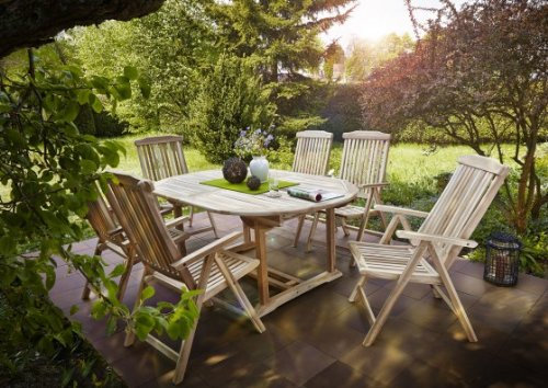 SAM 7tlg. Gartengruppe Aruba, Gartenmöbel aus Teak-Holz, 1 x Auszieh-Tisch ca. 180-240 x 100 cm + 6 x Hochlehner Aruba