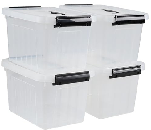 Ikando Set of 4 Plastic Storage Boxes Containers, Small Latch Bin with Lid, 7 L