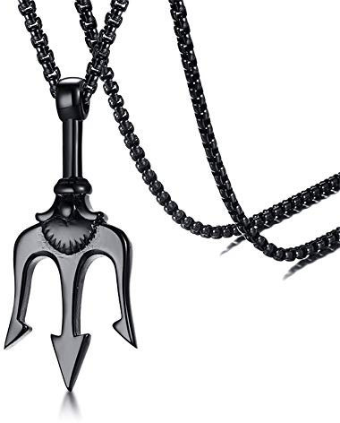 PJ JEWELLERY Edelstahl Altes Griechenland Amulett Halskette Poseidon Dreizack Anhänger Halskette Seemannsgeschenk, für ihn zum Vatertag, Weihnachten, 24 Kette, Schwarz