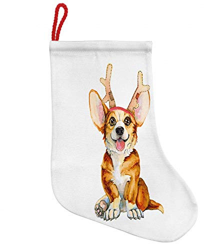 ABAKUHAUS Hündchen Hängende Nikolausstiefel Weihnachtssocken, Corgi-Hund mit Hirschgeweih, Weihnachtsstrumpf zum Aufhängen, 35x50cm, Mehrfarbig