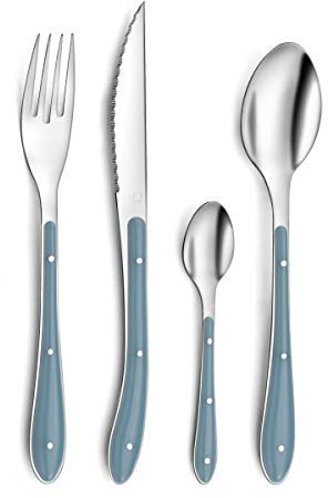 PRADEL ESSENTIEL - Ménagère 24 couverts de table pour 6 personnes - Bistro 1-2-3 - Acier inoxydable 18/0, Finition Standard - Bleu denim