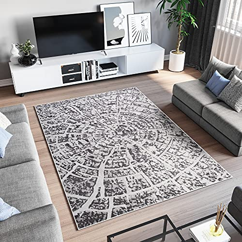 TAPISO Sky Teppich Kurzflor Grau Beige Fume Rauchgrau Marmor 80 x 150 cm | Modern Meliert Verwischt Design Wohnzimmer Schlafzimmer 3D Optik OEKO-TEX