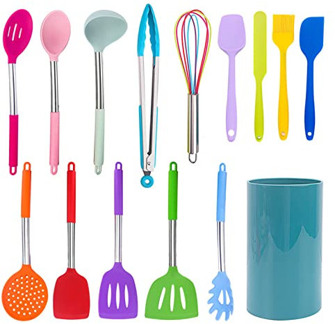 Utensilios Cocina De Silicona 15 Piezas, Núcleo Acero Inoxidable, Utensilios Espátula Resistentes Calor, Antiadherentes, Para Cocinar, Hornear, Apto Para Lavavajillas (Colourful,15 Piece Set)