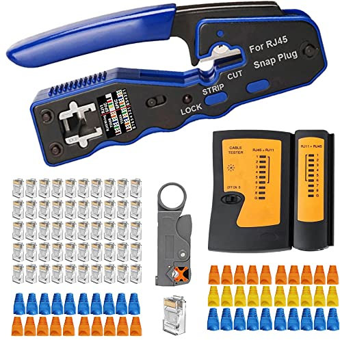 MAYLINEE RJ45 Herramientas de Reparación de Red CAT5 pelacables alicates Juego de Comprobador de Cables de Red Kit 4P/6P/8P de Mantenimiento de Red para Crimpadora con 50 Conectores (Azul)