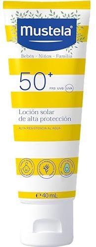 Mustela Sonnenmilch Spf 50, Gesicht, Körper, mit Avocado-Perseose, Babys, Kinder, ganze Familie, für die Schwangerschaft geeignet - sehr hoher UVB- und UVA-Schutz (40ml)