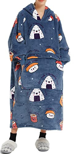 KFUBUO Tragbare Decke mit Kapuze für Erwachsene, lang, Sherpa-Fleece, alle Designs, Oversize-Sweatshirt-Decke mit Tasche, für Damen, Sushi