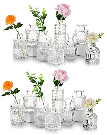 Glasseam Kleine Glasvase Tischdeko Vintage: 16er Vase Glas Klein Blumenvase Modern Deko Mini Vasen Set Schmale Tischvase Aesthetic Kristallvase Hochzeit Dekogläser Pampasgras Rose Baddekorationen