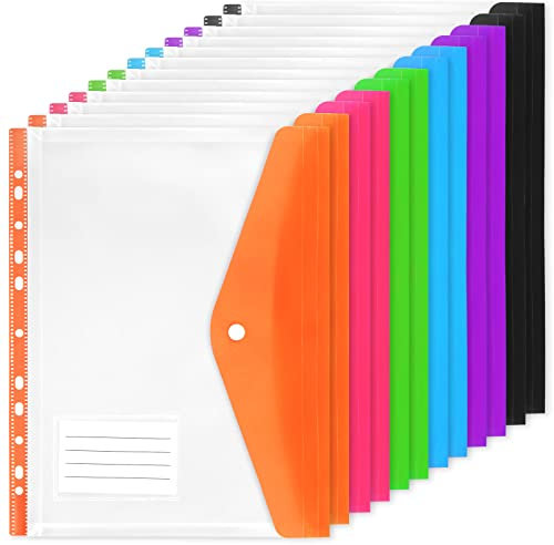 Samione Dokumententasche A4, 12 Stück Erweiterbare Lochtaschen Dokumenten Mappen,6 Farben Premium Transparent Dokumententasche mit Druckknopf