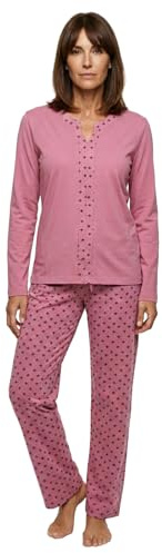 Zeitlos Schlafanzug Pyjama Damen Langarm Lilie Oberteil Hose V-Ausschnitt Bordüre Baumwolle