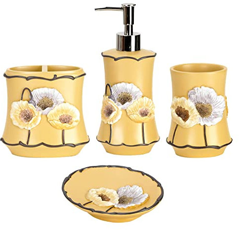 Zahari Home 4pc Poppy Fields Yellow Bathroom Accessories Set Hand Soap Dispenser, Tumbler, Tooth Brush Holder and Soap Dish Modern Contemporary Decor Complete Bathroom Sets with Shower Curtains