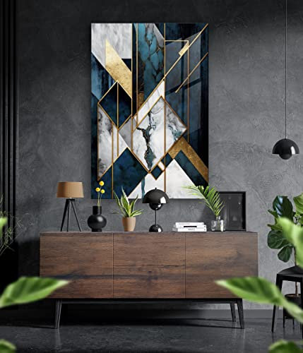 Tableau mural de qualité supérieure en verre acrylique ou composite en aluminium – Pas de tableau mural – Abstrait moderne – Blanc doré Décoration murale design (bleu ardoise, verre acrylique 90 x 60