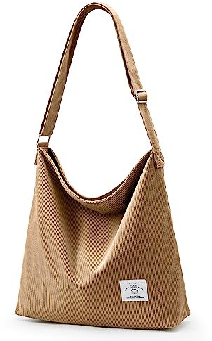 KALIDI Cord-Tragetasche für Damen, lässig, mit Reißverschluss, große Umhängetasche, Hobo-Umhängetasche, Arbeit, Mode, Damengeldbörse, Khaki, Large, Tragetasche