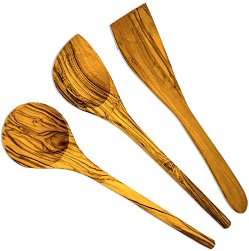 Lot de 3 cuillères de cuisine de qualité supérieure en bois d'olivier - Rondes, avec coin et spatule