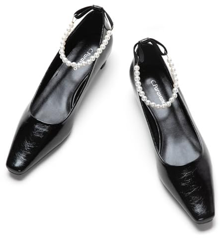 C.Paravano Schwarz Klobige Niedrige Ferse Quadratische Zehe Pumpen Slip-on Geschlossene Zehe Niedrige Ferse Perlen Knöchel Riemen Pumpen Hochzeit Schuhe für Braut Dirndl Schuhe Damen(42,Schwarz)
