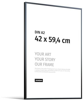 JUNOMI® Bilderrahmen DIN A2 (42x59,4 cm) Aluminium | Farbe Schwarz (matt) | Wanddeko Metall mit bruchsicherem Acryl-Glas | Bilderrahmen Metall