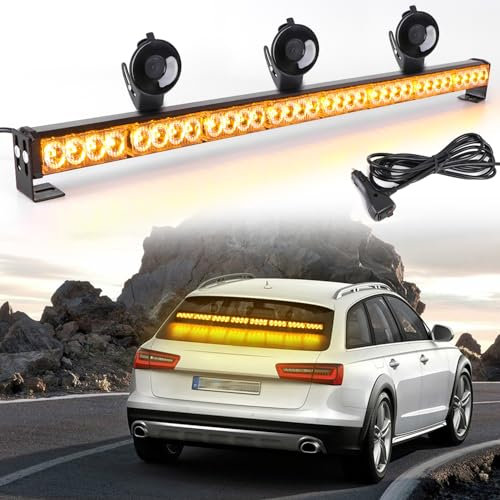 90 cm Notfall-Lichtleiste – 32 bernsteinfarbene LED-Warnblinklichter, 13 Blitzmuster, Verkehrsberatungsleiste, Stroboskop-Sicherheitslichter mit Zigarettenanzünder (Bernsteinfarben)