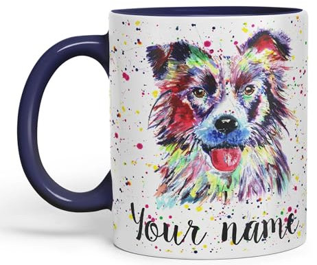 Vixar Personalised with Your Text Border Collie Dog Pet Animal Watercolour Art Coloured Ceramic Mug Cup Gift 330ml 11oz Custom Work Office Tea Coffee (Navy)