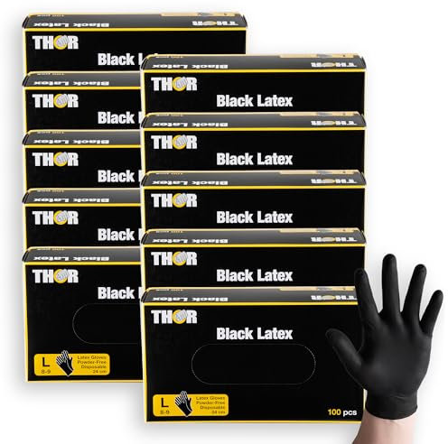 ABENA THOR Latexhandschuhe (L), 1000 Stück – Einmalhandschuhe Schwarz, handschuhe einweg, puderfrei – Einweghandschuhe & küchenhandschuhe für Putzen, Grillen & Werkstatt – Größen S, M, L, XL