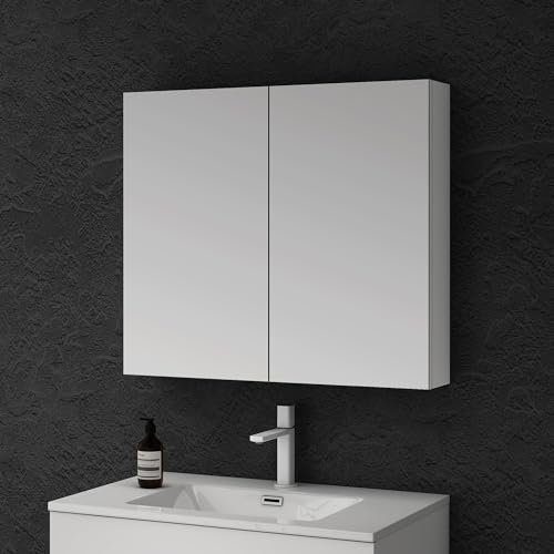 doporro Spiegelschrank Wandschrank mit Spiegel in matt weiß 80x70 cm Hängeschrank Aufbewahrungsschrank für Badezimmer 2 Türen mit verstellbarem Regalbrett Spiegelschrank 02