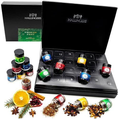 Hallingers Frohes Fest - Green/Golden Stars - Tee Adventskalender handmade, vegan & glutenfrei in Schraubgläsern (Set) - Geschenk im Sommer & als perfektes Grillgeschenk | Genesung Chanukka Freundsc