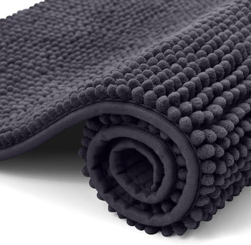 OLANLY Chenille Badematte rutschfest Badezimmerteppich Weich Badteppich Saugfähige Badvorleger Waschbar Duschvorleger für Badezimmer, 40 x 60 cm, Dunkelgrau