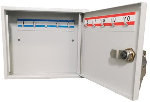 LEOMAR Schlüsselschrank, Schlüsselkasten mit 10 Haken, Schlüsselbox aus Stahlblech, mit Festen Hakenleisten, Organizer zur Wandbefestigung, Abschließbar, mit Montagematerial, 6 x 20 x 17 cm