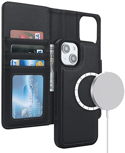 ELTEKER Hülle für iPhone 15 Handyhülle [Abnehmbare Magnetische] [Kabelloses Laden Kompatibel] Klapphülle Schutzhülle Lederhülle Schwarz