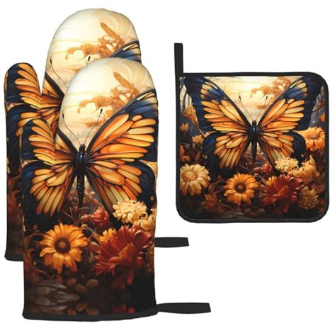 Chrysm Set di guanti da forno arancioni e gialli con fiori e farfalle, 2 guanti e 1 presina, guanti da forno da cucina e forno a microonde, resistenza al calore per barbecue