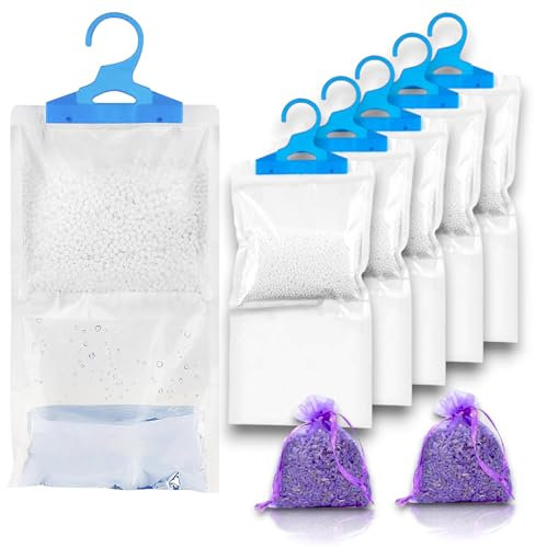 HUTHEBEST Bolsas deshumidificadoras (5) - REGALO 2 bolsas de lavanda francesa - Antimoho armarios - Antihumedad armarios - Antihumedad habitación - Bolsas antihumedad - Deshumidificador armario