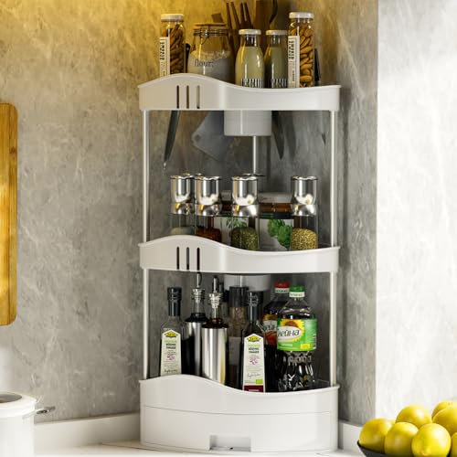 BAKAJI Mensola Angolare Bagno con cassetto, Organizer Multiripiano in Plastica dura, Unità di Mensole ad Angolo Portaoggetti, Scaffale Organizer Minimal per Bagno, Cucina, Ufficio, Casa (3 Ripiani)