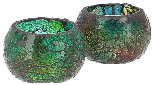 GURU SHOP 2 Handgearbeitete Glas Mosaik Windlichter, Romantisches Windlicht, Mosaik Teelicht, Vintage Teelichthalter - Set 6, 6x9x9 cm