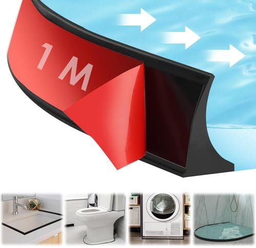 100CM Barrera de Agua para Plato de Ducha, Umbral de Ducha Plegable Tope de Agua para Ducha Barrera de Ducha de Agua Tira de Retención de Impermeable Autoadhesiva para Baño Suelo Lavabo Bañera (Negro)