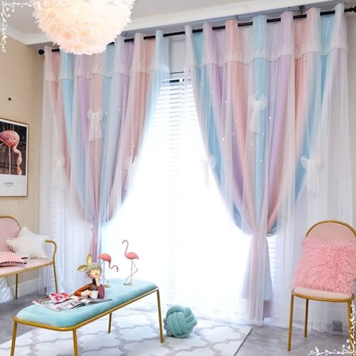 Daesar Gardinen mit Schlaufen, Vorhänge Blickdicht 2er Set mit Sternen und Spitze Doppellagig Romantisch 107x214CM Vorhang Verdunkelung Ösenvorhänge Schlafzimmer Wohnzimmer