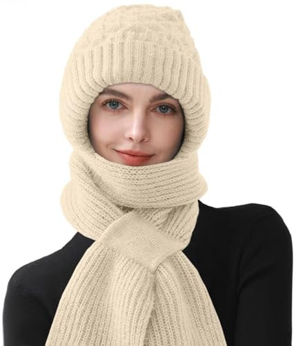 CheChury Knitted Hat with Integrated Scarf Womens 2 in 1 Winter Fleece Lined Knitted Beanie Hooded Cap Windproof Warm Hat and Scarf Set for Women,Beige