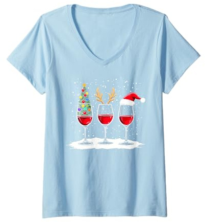 Damen Weihnachtsmann Mütze Weihnachtsoutfit Lustige Weihnachts T-Shirt mit V-Ausschnitt