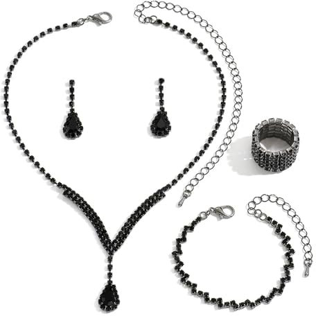 FDEETY Brautschmuck Set Hochzeit Kristall Halskette Armband Ohrringe Ring Abschlussball Brautparty Brautjungfer Schmuckset Verlobung Braut Geschenk für Freundin Mutter Ehefrau(Schwarz)