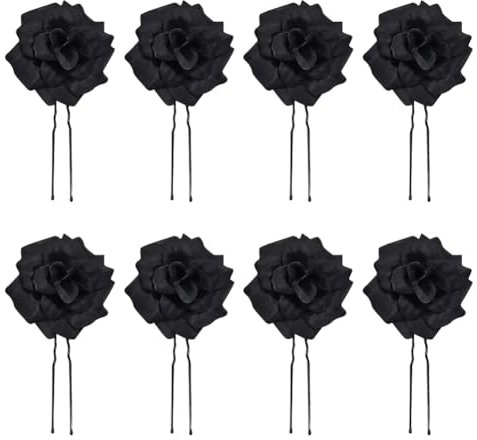 Haarnadeln mit Rosenblüten, U-förmig, kleine Blumen-Haarnadeln, Braut-Haarnadeln, Hochzeitshaarblumen, elegante Haarteile, Vintage-Rose, Haarschmuck für Strand, Schwarz, 8 Stück
