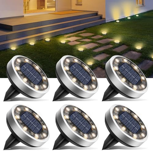 btfarm 6 Stück Solar Bodenleuchten Aussen, 8 LED Gartenbeleuchtung Solar Wasserdicht Boden Solarleuchten, Solarlampen für Außen Garten Rasen Auffahrt Gehweg Patio, Warmes Weiß